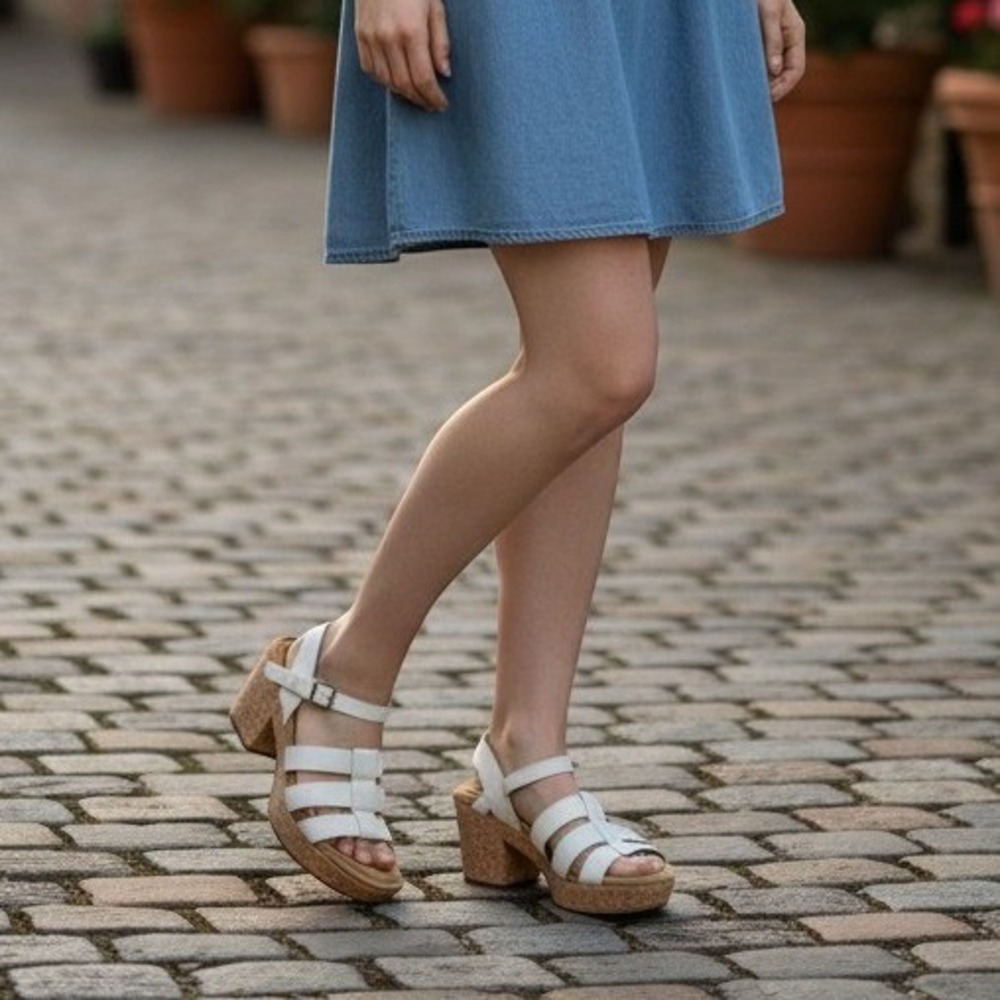 Hush Puppies White Leather Cork Platform Block Heel Sandals HPW10491‎ Womens 8